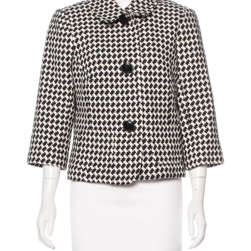 Trina Turk Cropped Houndstooth Check Jacket Black & White 100% Cotton Sz 10